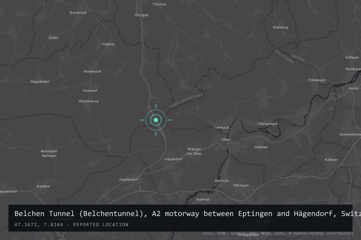 Where it happened: Belchen Tunnel (Belchentunnel), A2 motorway between Eptingen and Hägendorf, Switzerland