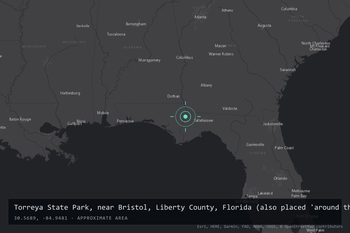 Where it happened: Torreya State Park, near Bristol, Liberty County, Florida (also placed 'around the town of Quincy'), United States