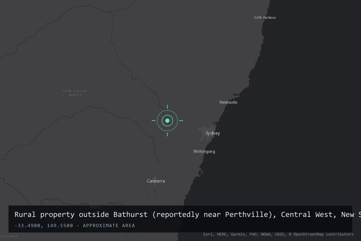 Where it happened: Rural property outside Bathurst (reportedly near Perthville), Central West, New South Wales, Australia