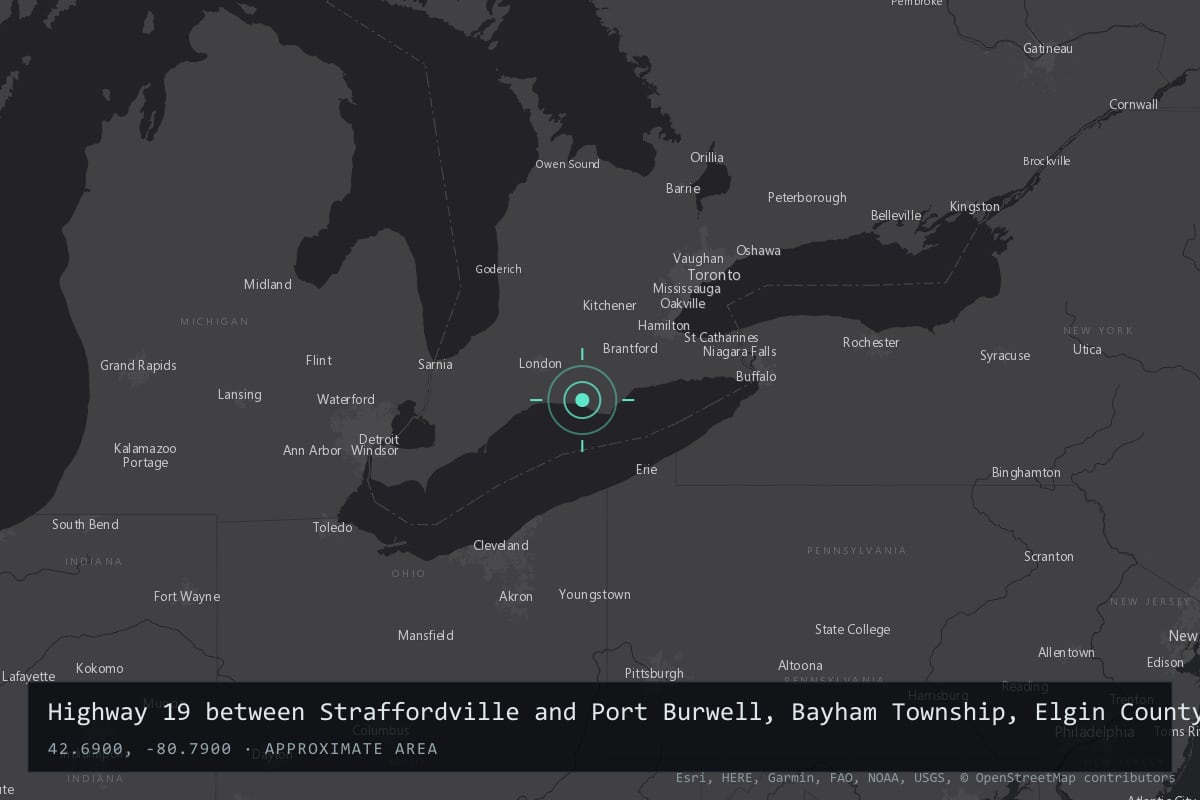 Where it happened: Highway 19 between Straffordville and Port Burwell, Bayham Township, Elgin County, Ontario, Canada