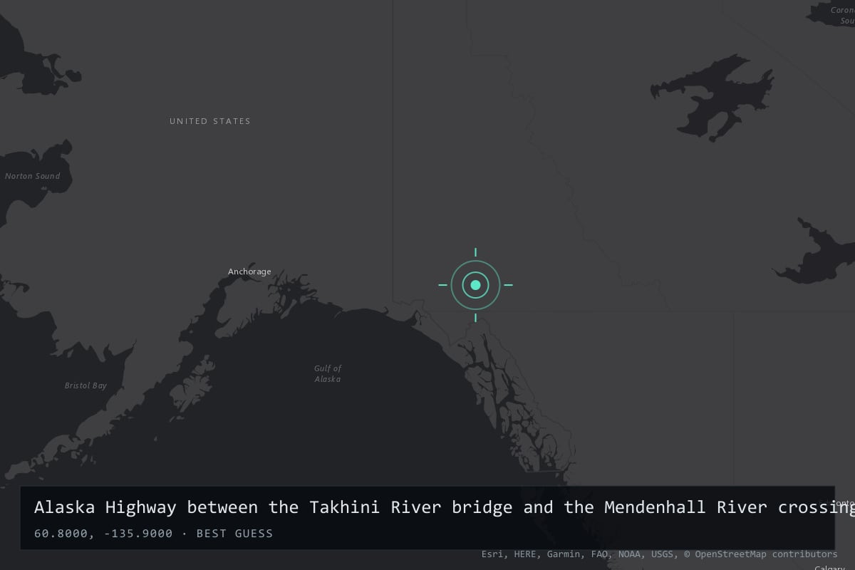 Where it happened: Alaska Highway between the Takhini River bridge and the Mendenhall River crossing, west of Whitehorse, Yukon Territory, Canada