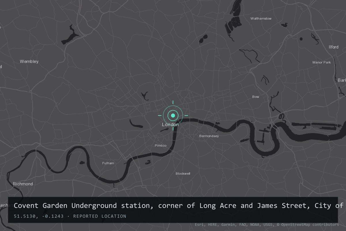 Where it happened: Covent Garden Underground station, corner of Long Acre and James Street, City of Westminster, London, United Kingdom