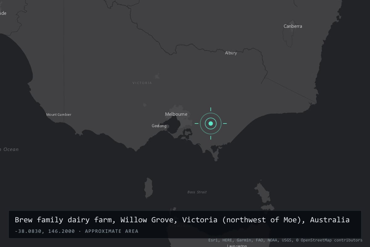 Where it happened: Brew family dairy farm, Willow Grove, Victoria (northwest of Moe), Australia