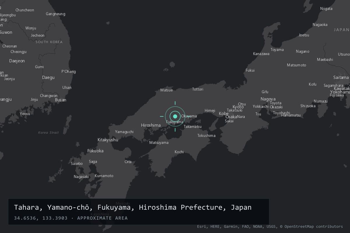 Where it happened: Tahara, Yamano-chō, Fukuyama, Hiroshima Prefecture, Japan