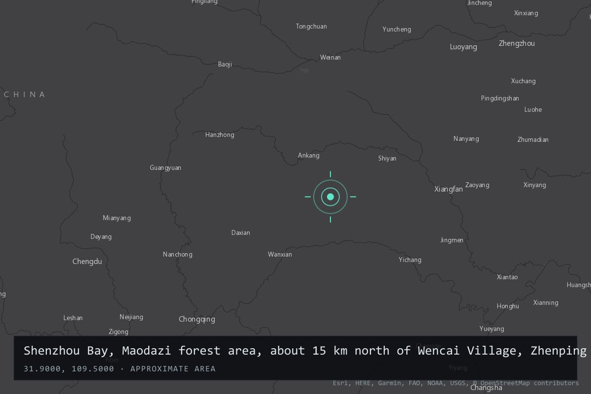 Where it happened: Shenzhou Bay, Maodazi forest area, about 15 km north of Wencai Village, Zhenping County, Ankang, Shaanxi, China