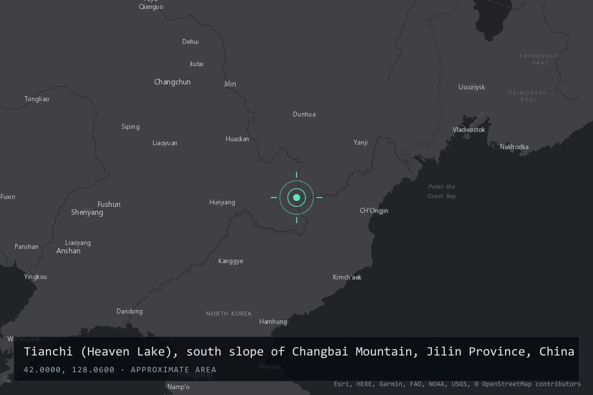 Where it happened: Tianchi (Heaven Lake), south slope of Changbai Mountain, Jilin Province, China