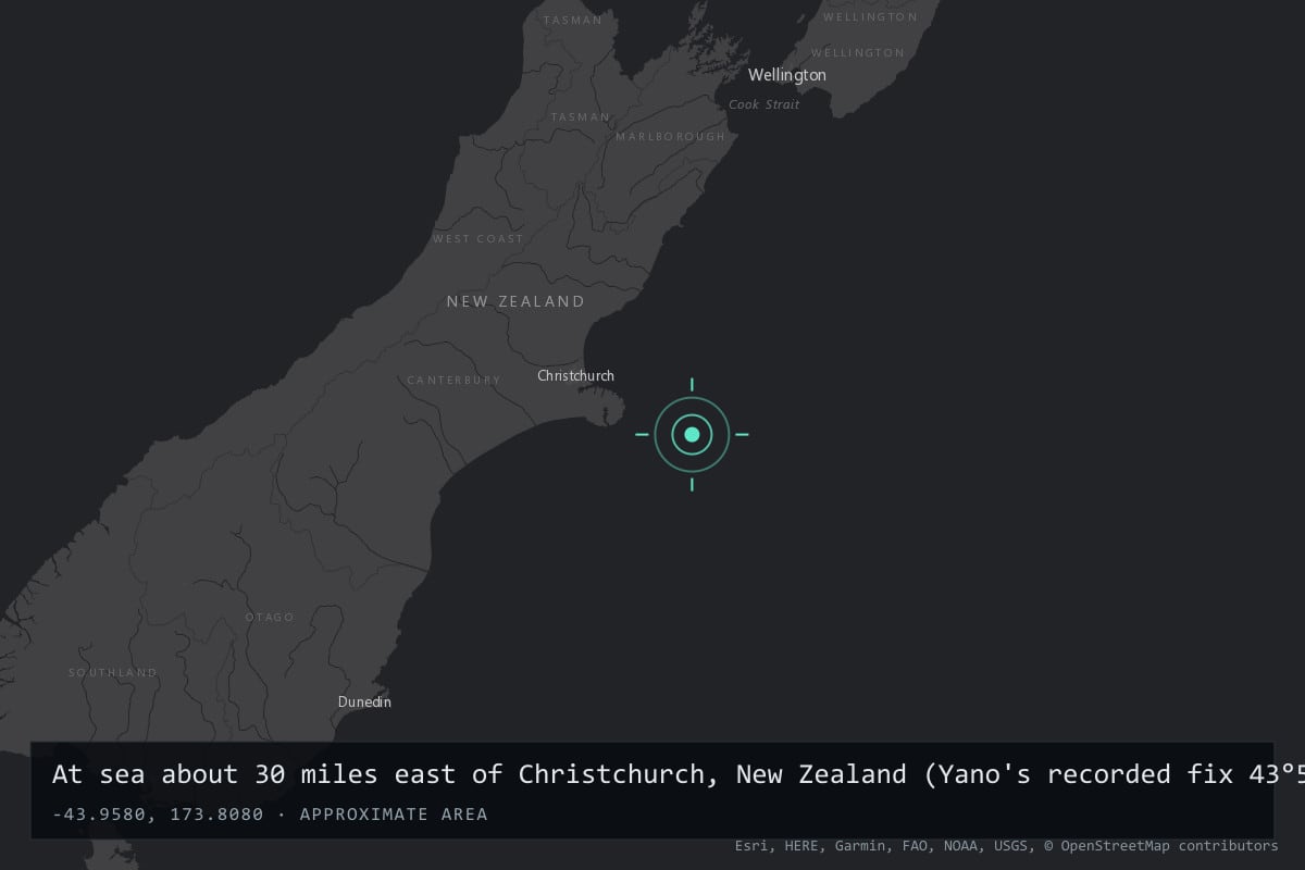 Where it happened: At sea about 30 miles east of Christchurch, New Zealand (Yano's recorded fix 43°57.5′S, 173°48.5′E), New Zealand
