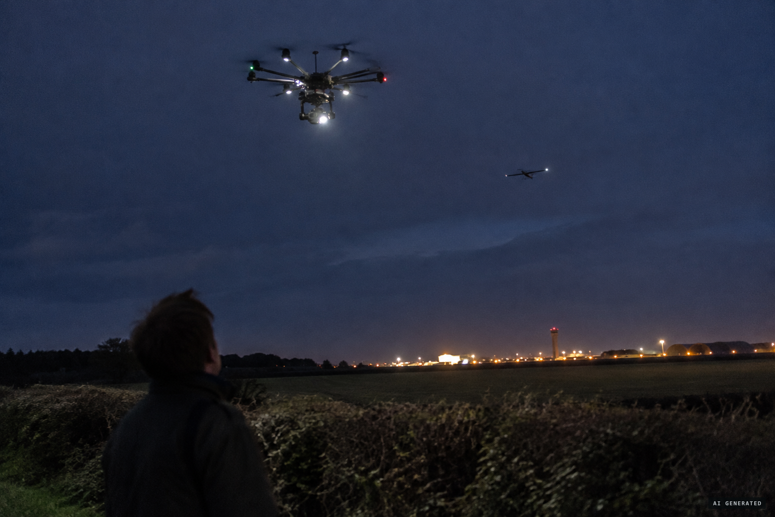 Quadcopters, octocopters and fixed-wing craft entering low with lights visible