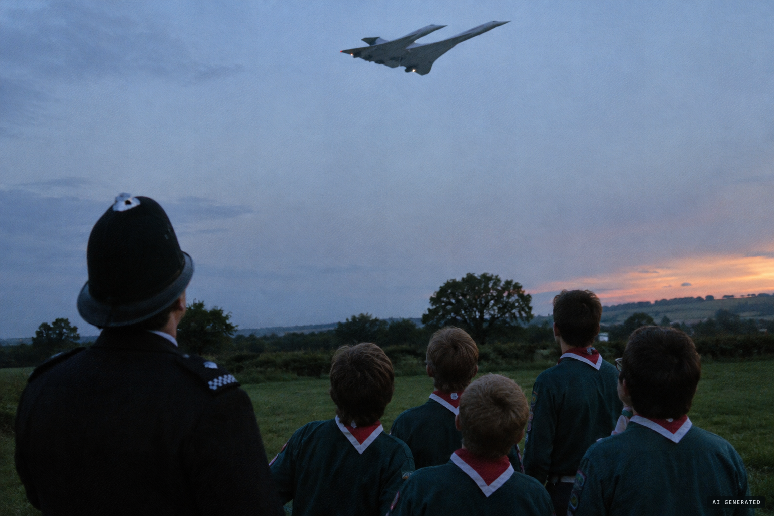 A police officer and scouts in Somerset watch a craft like two joined Concordes