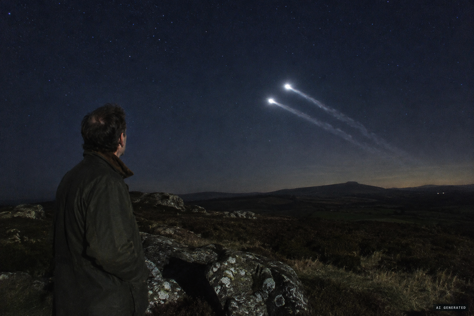 Two bright white lights trailing vapour cross the sky over the Preseli Mountains