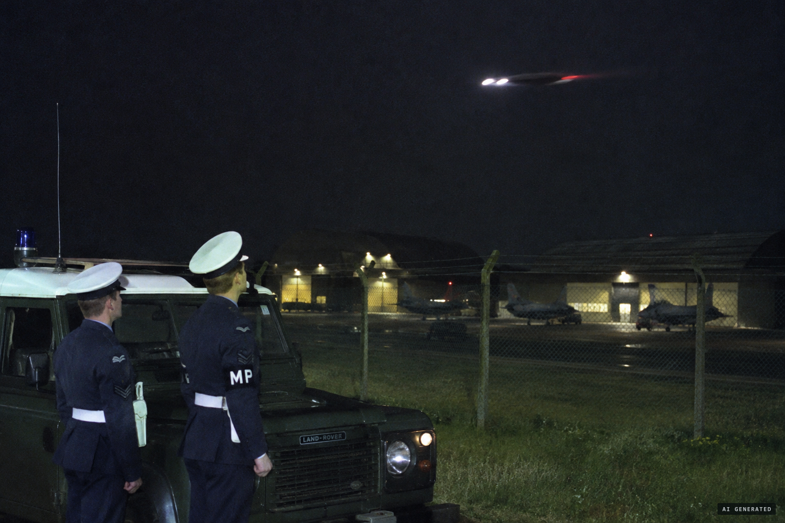 An RAF Cosford police patrol watches the object pass at great velocity