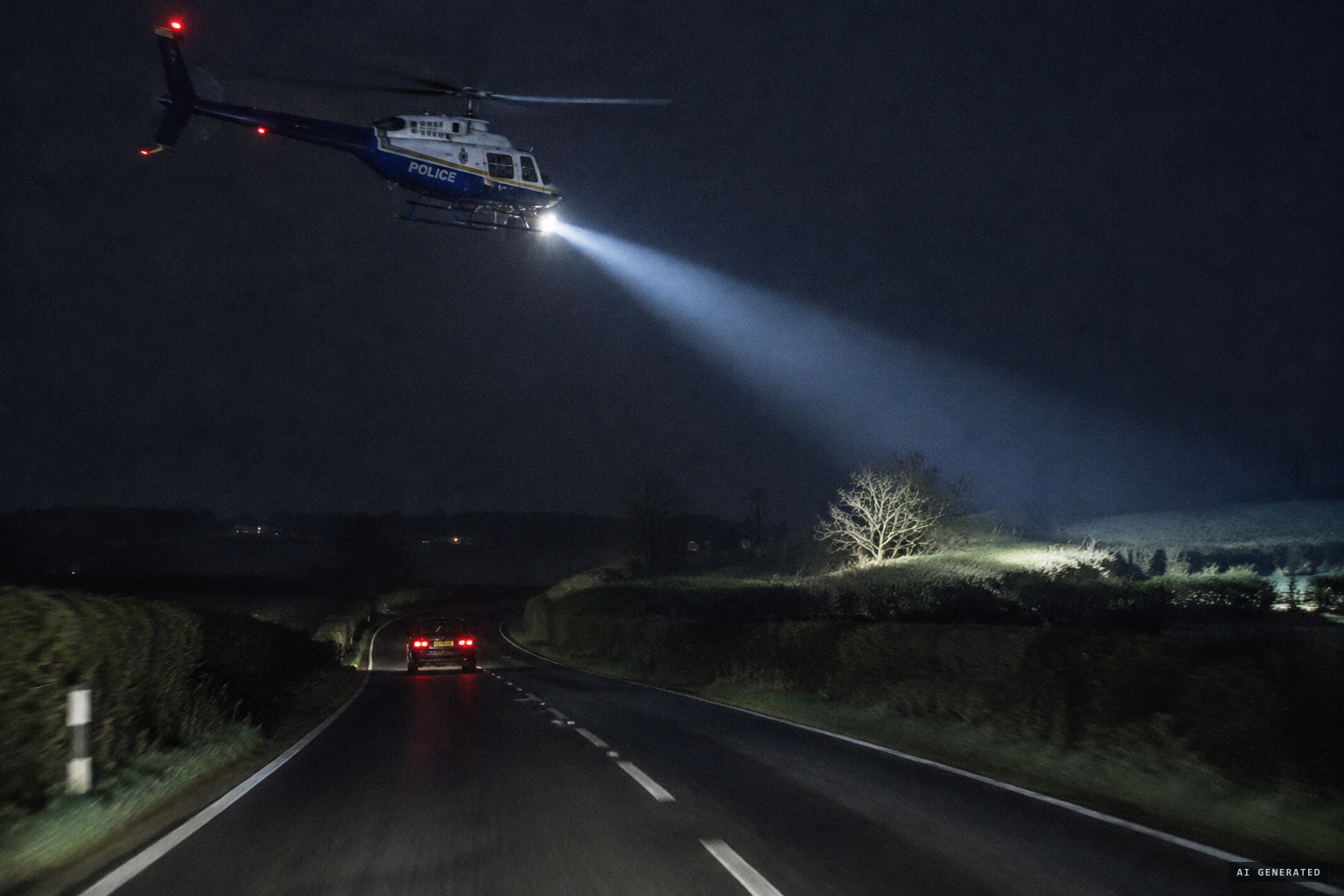 A police helicopter with a NiteSun searchlight follows a stolen car down the A5