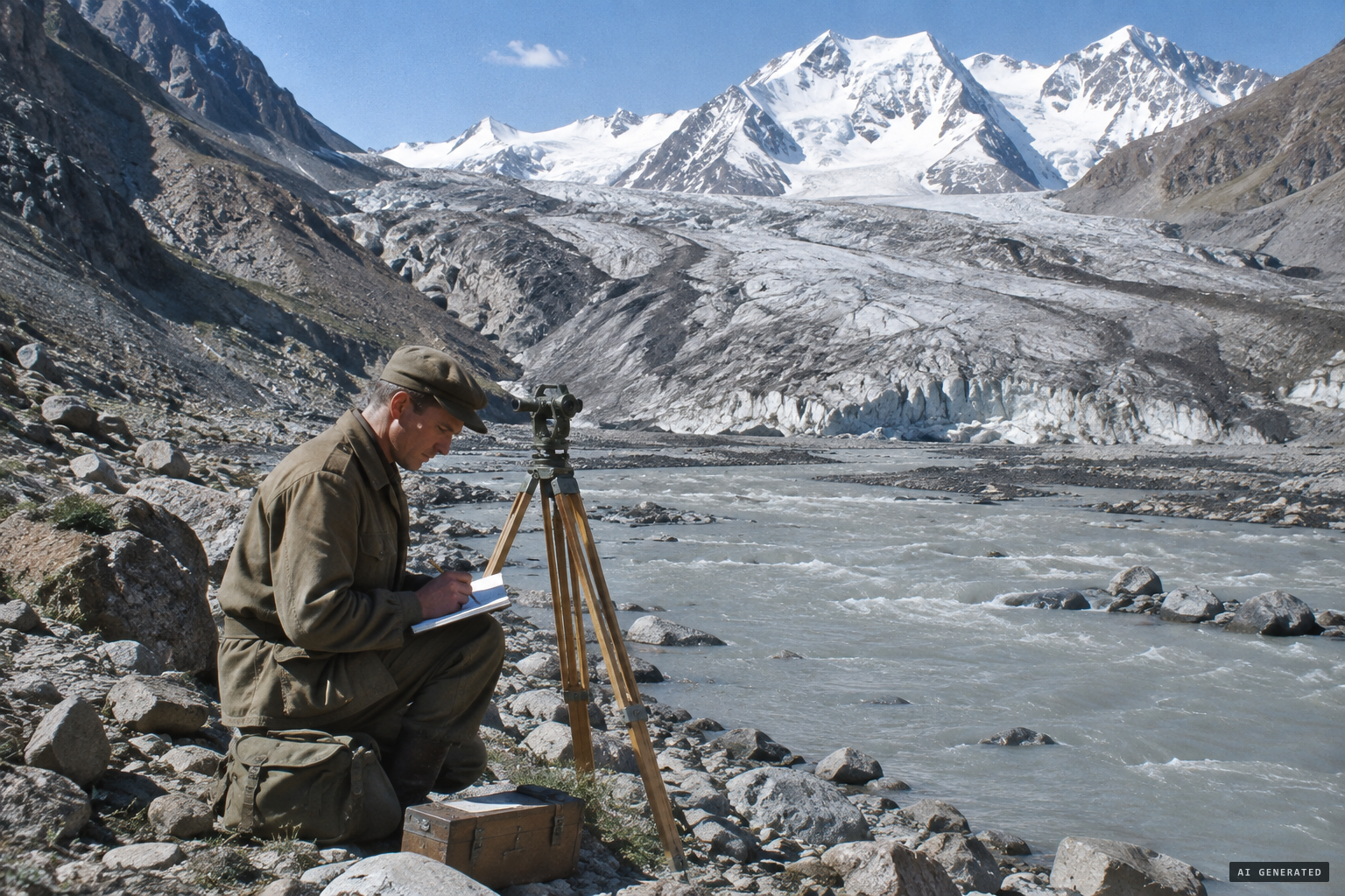 Hydrologist Pronin at work in the Balyandkiik valley beside the Fedchenko Glacier, summer 1957