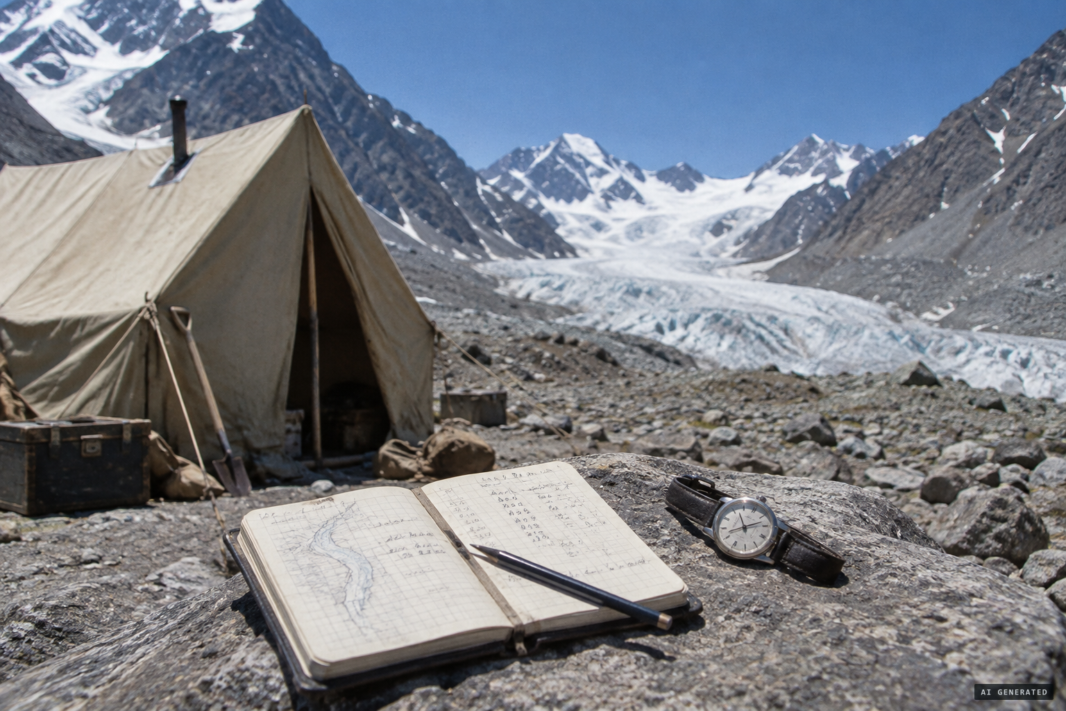 Noon in August 1957 at the expedition's camp; the exact date varies between accounts