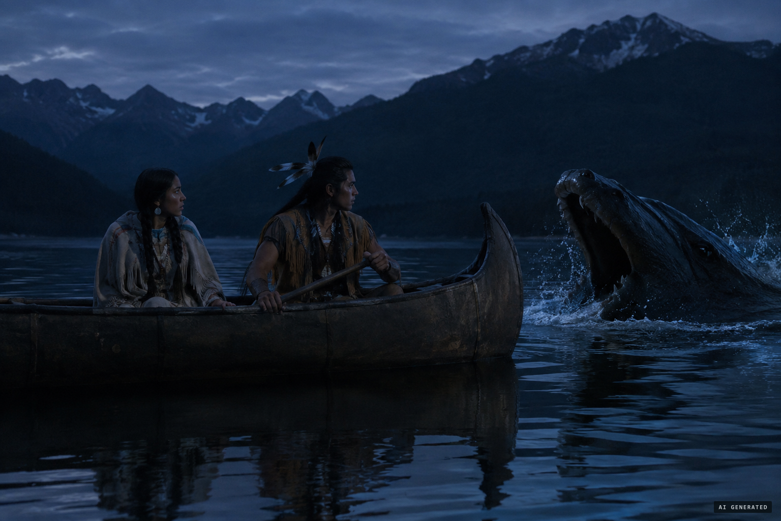 The legend: a 'big sea cow' rises and swallows a warrior and his bride in their canoe