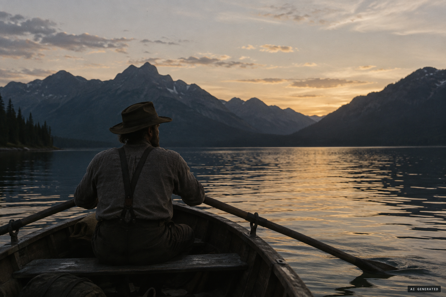 A lone prospector rows his skiff down the lake toward Joseph after dusk