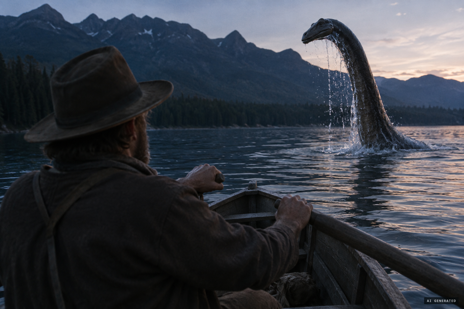 Fifty yards to his right, an animal rears its head and neck out of the water