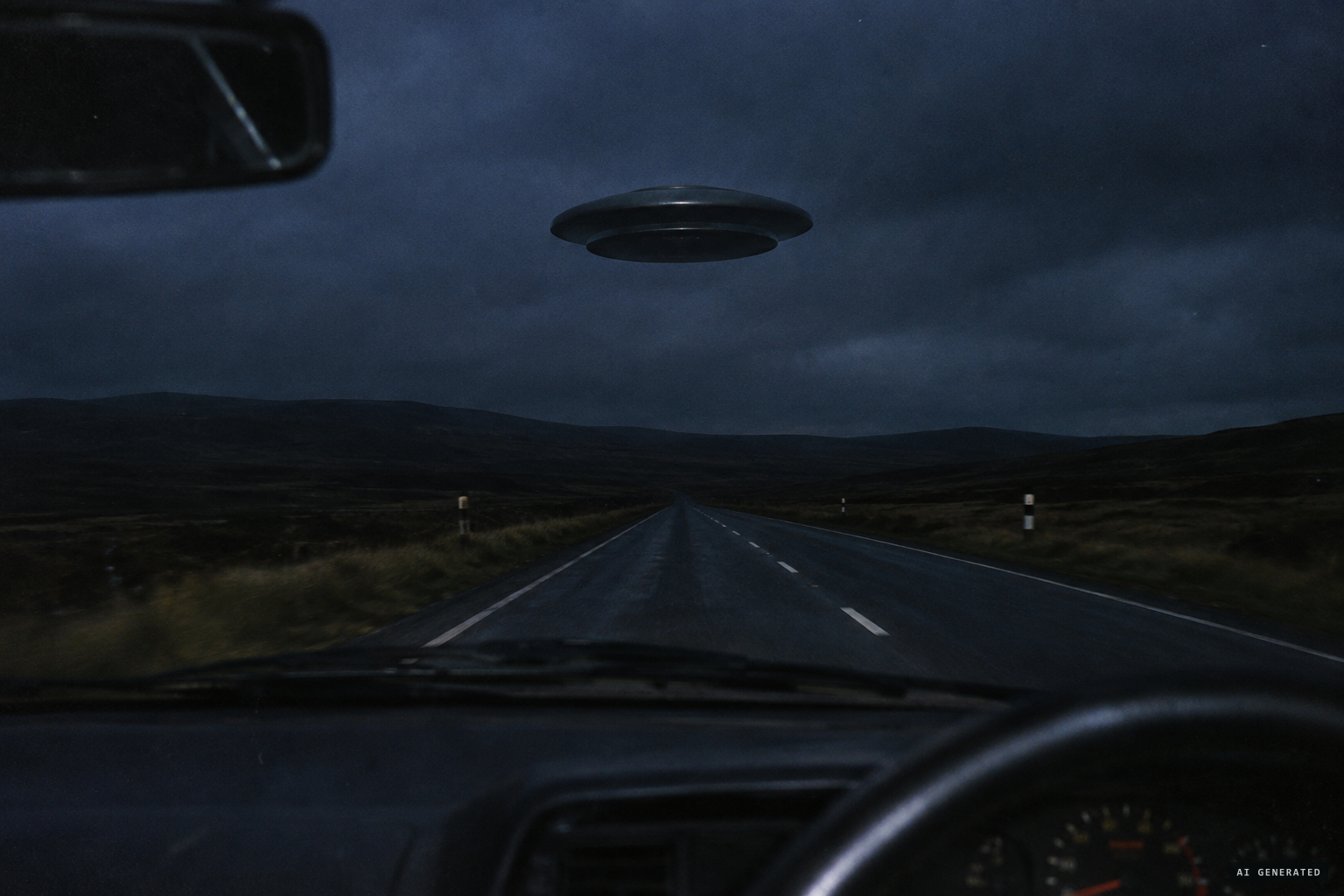 A black, two-tiered disc hovers motionless above the road