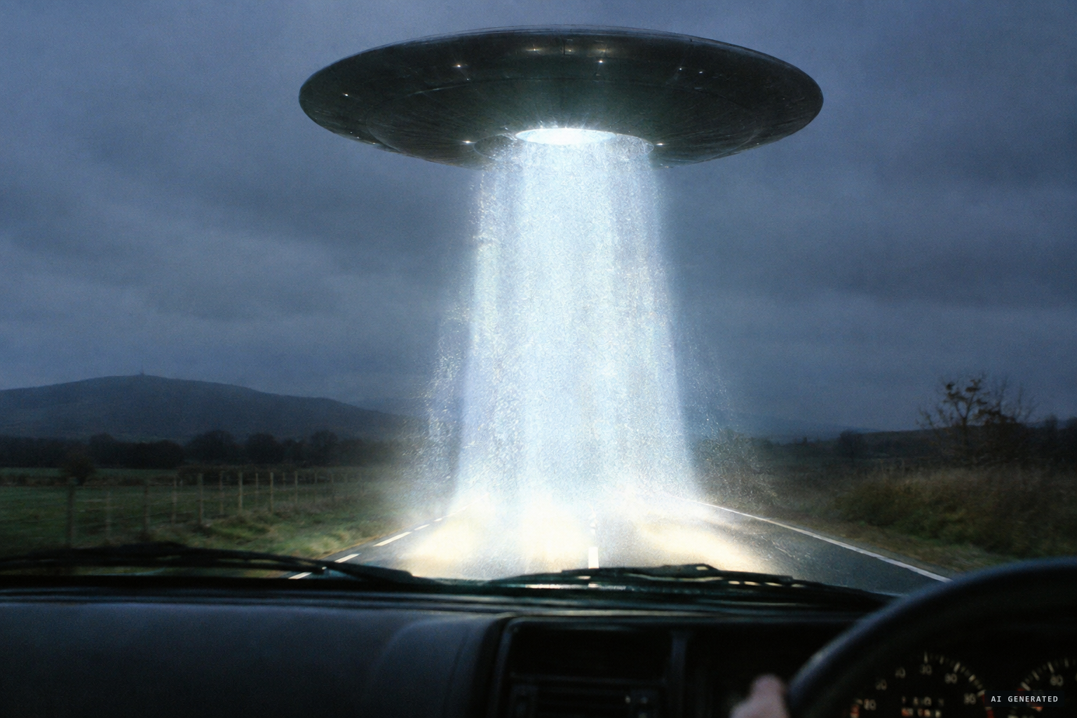 The disc drops a shimmering curtain of white light in front of the car