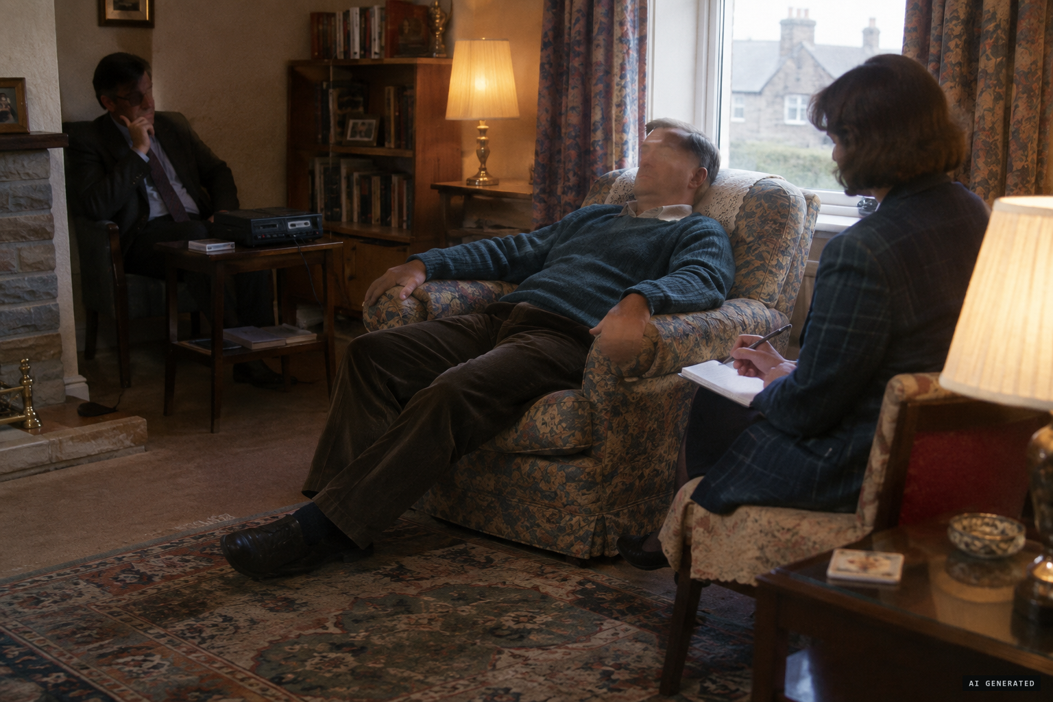 A hypnotherapist leads a regression session with one of the men