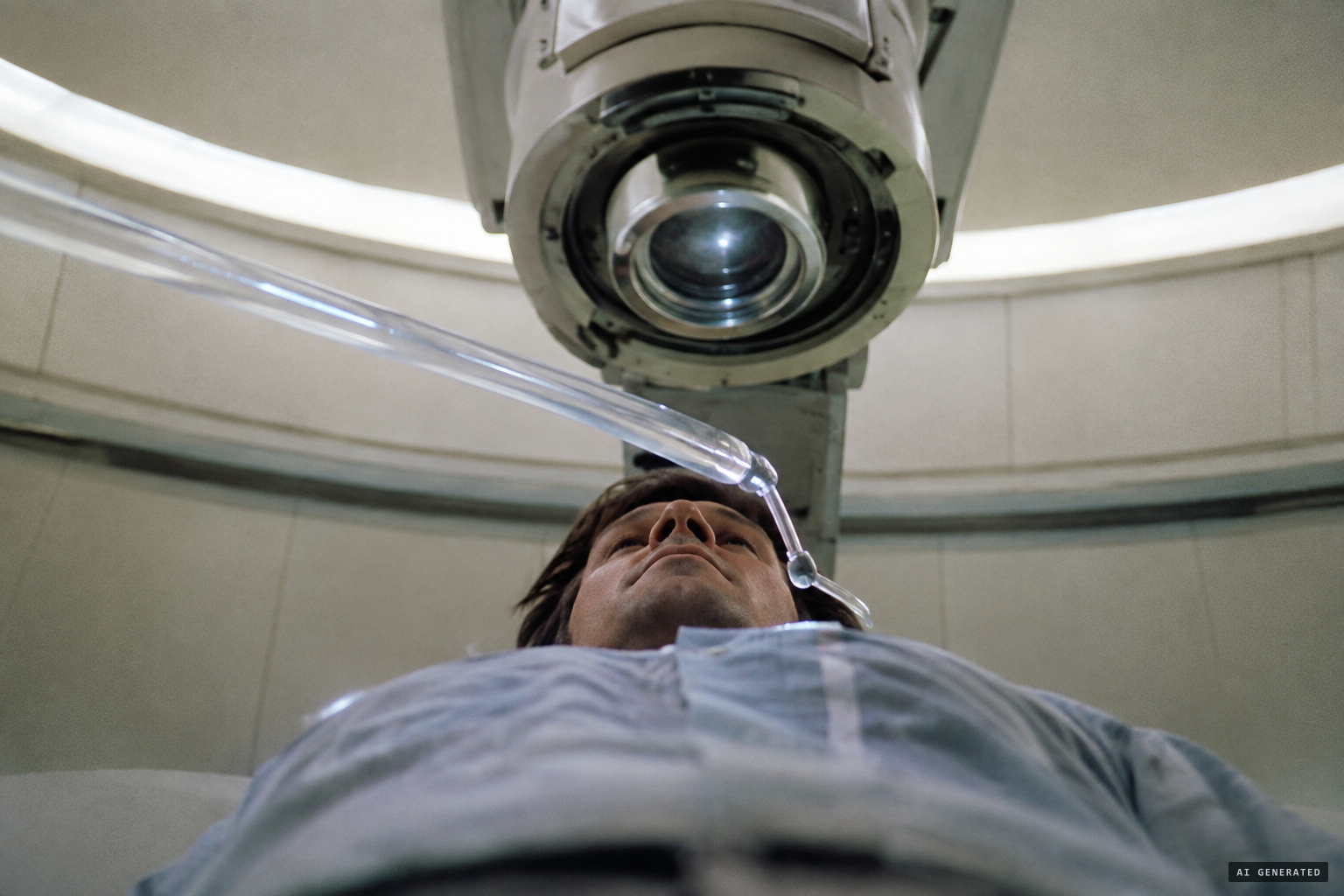 Garry lies on a table as a lens-like device and a translucent arm move over him