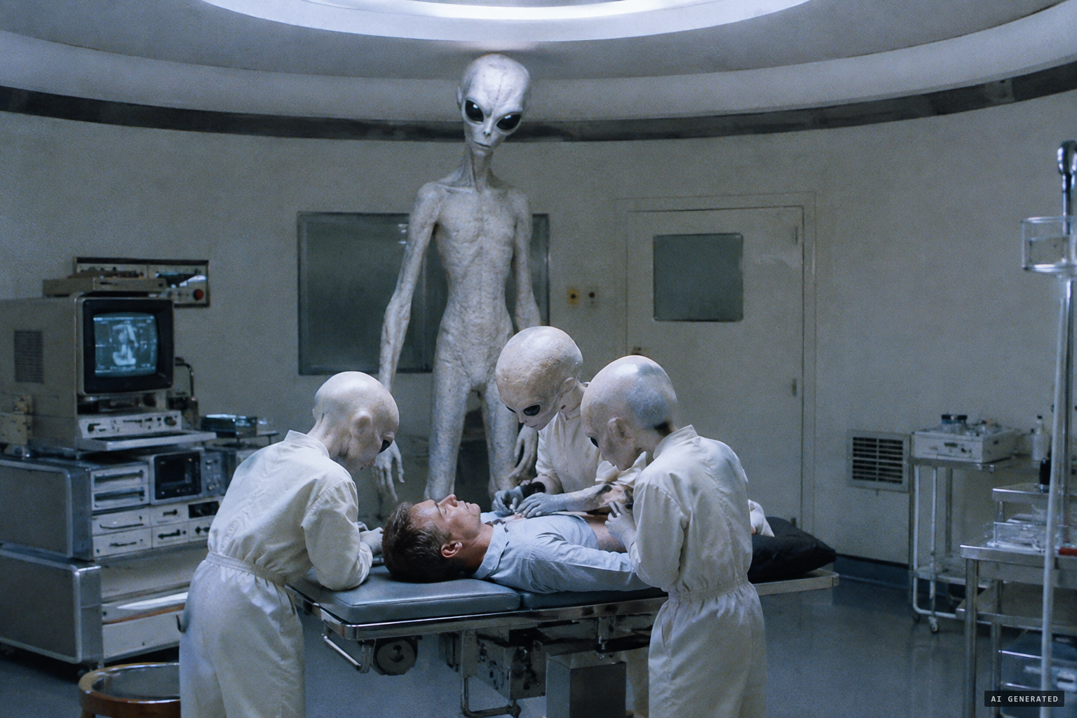 A tall white-grey being oversees smaller beings carrying out the examinations