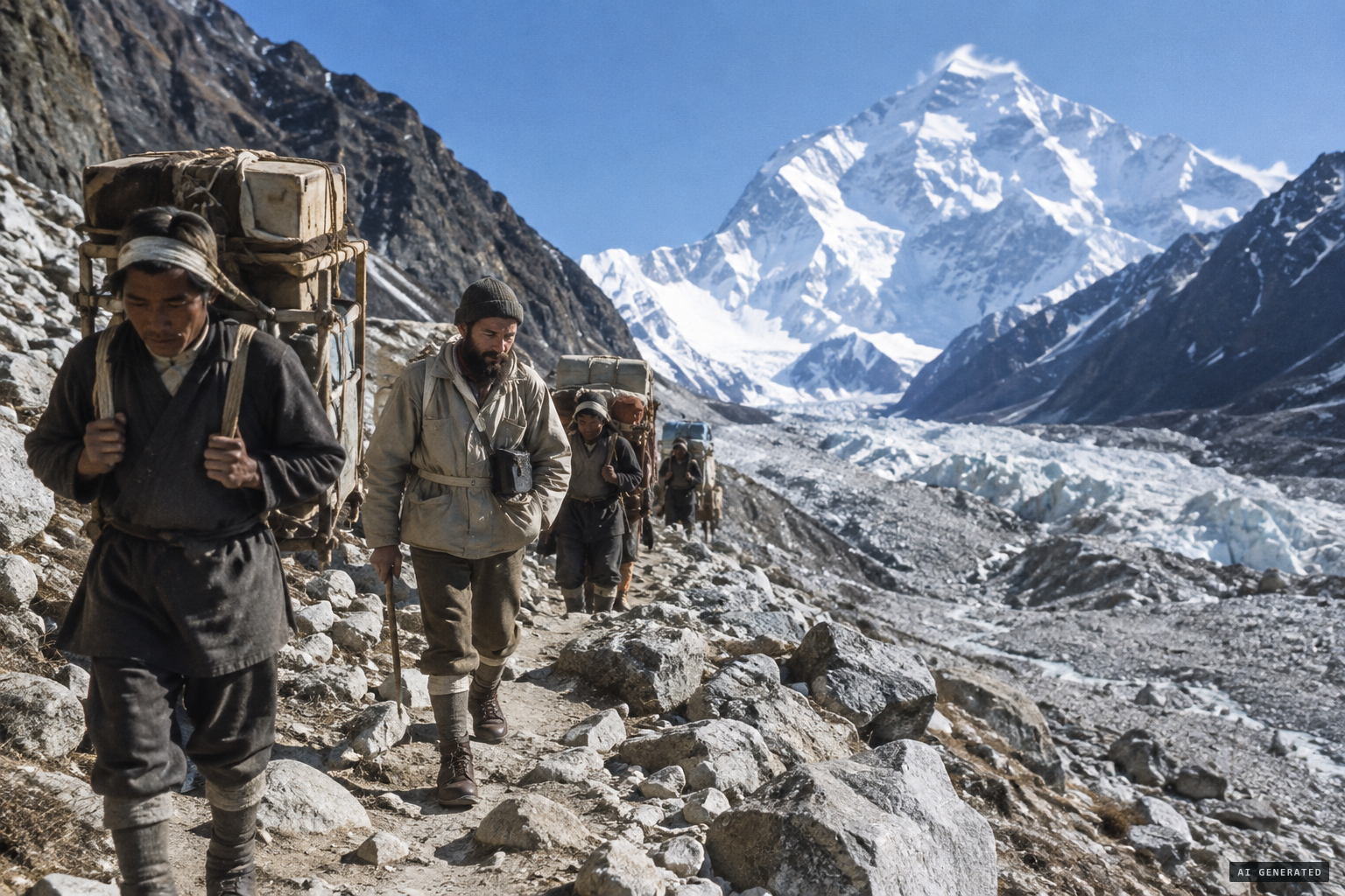 Abbé Bordet, Ang Bao and the porters leave Camp I and go down the Barun