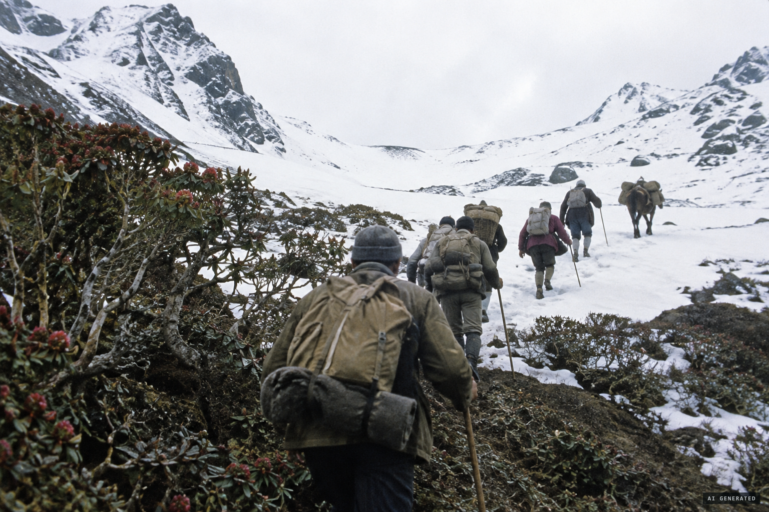 Snow begins at the upper edge of the rhododendron forest below the cols