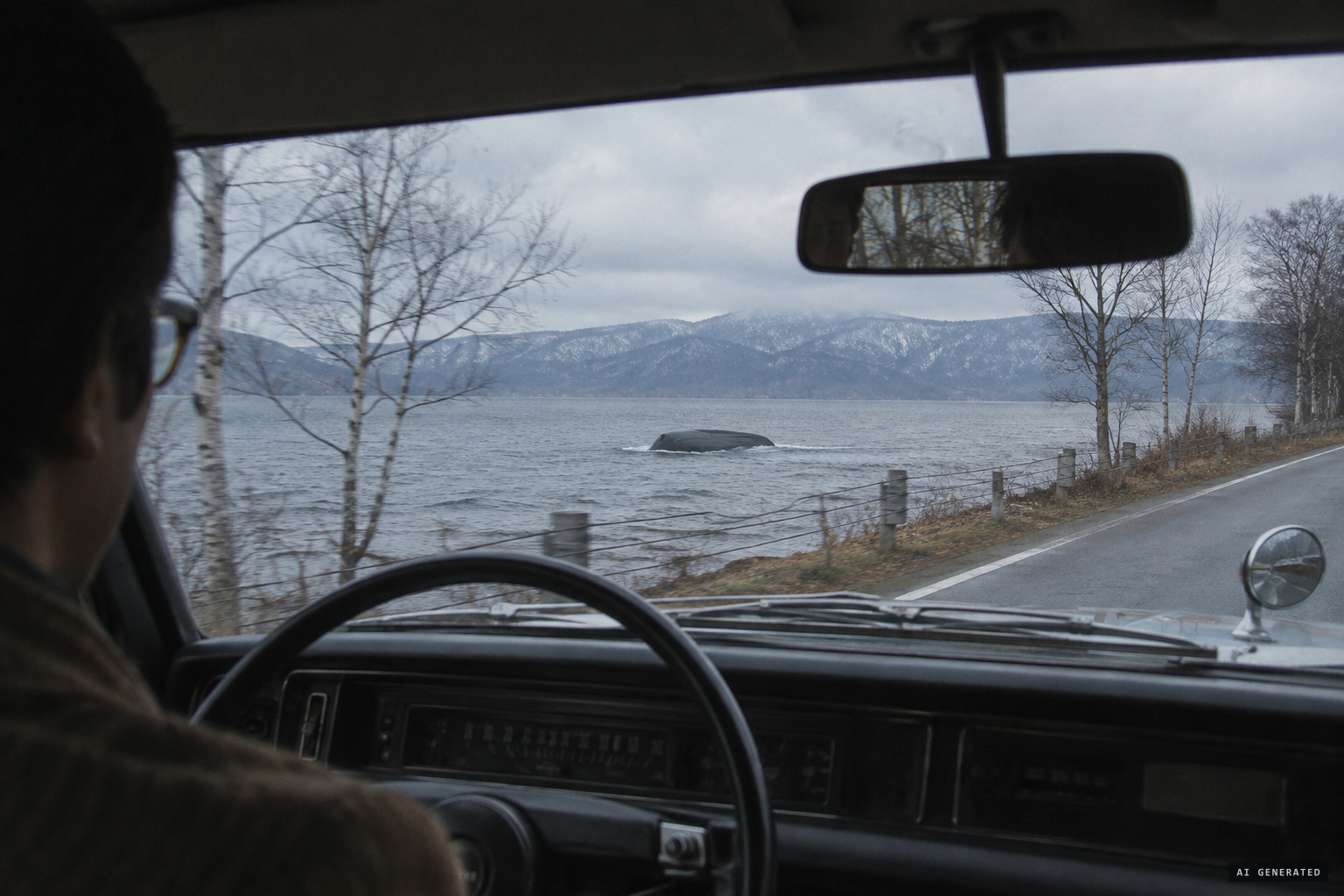 A driver on the lakeside road sees an object like an upturned boat moving toward the shore