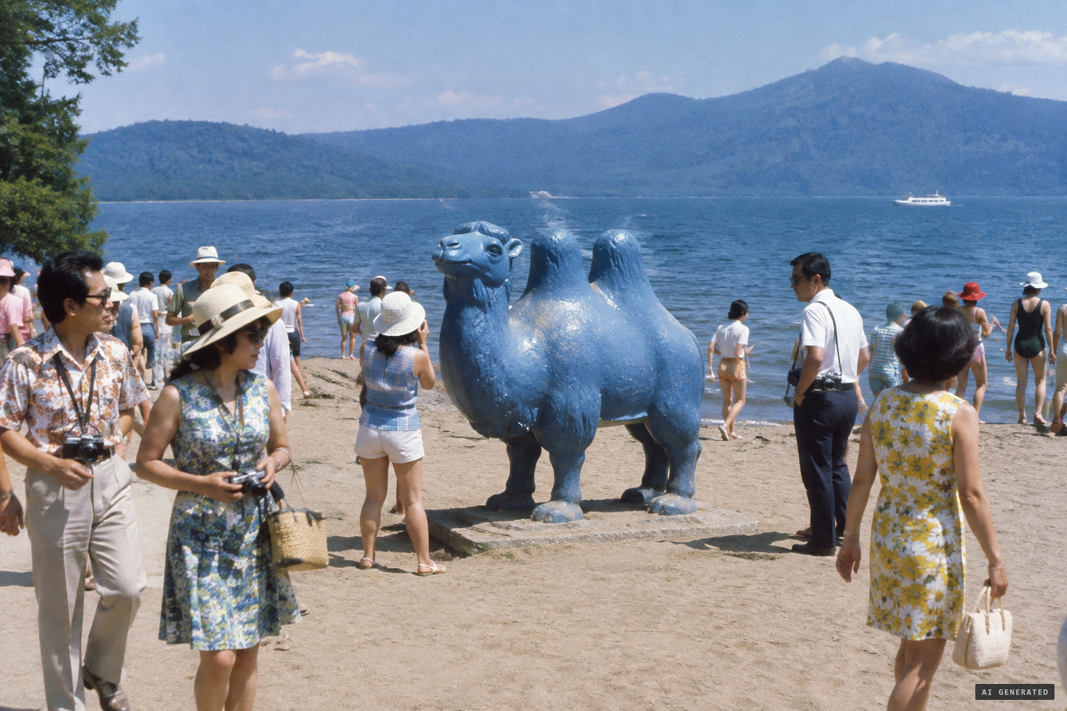 A blue two-humped Kussie statue at Sunayu draws crowds of visitors