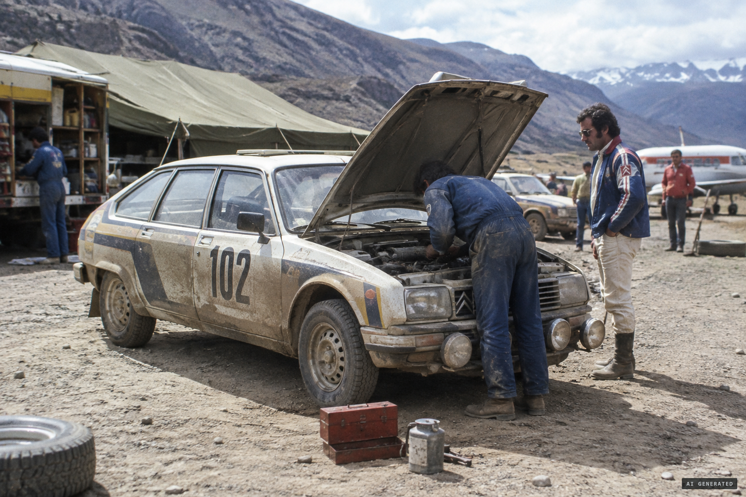 Car #102, a Citroën GS, with driver Carlos Acevedo and mechanic Miguel Ángel Moya