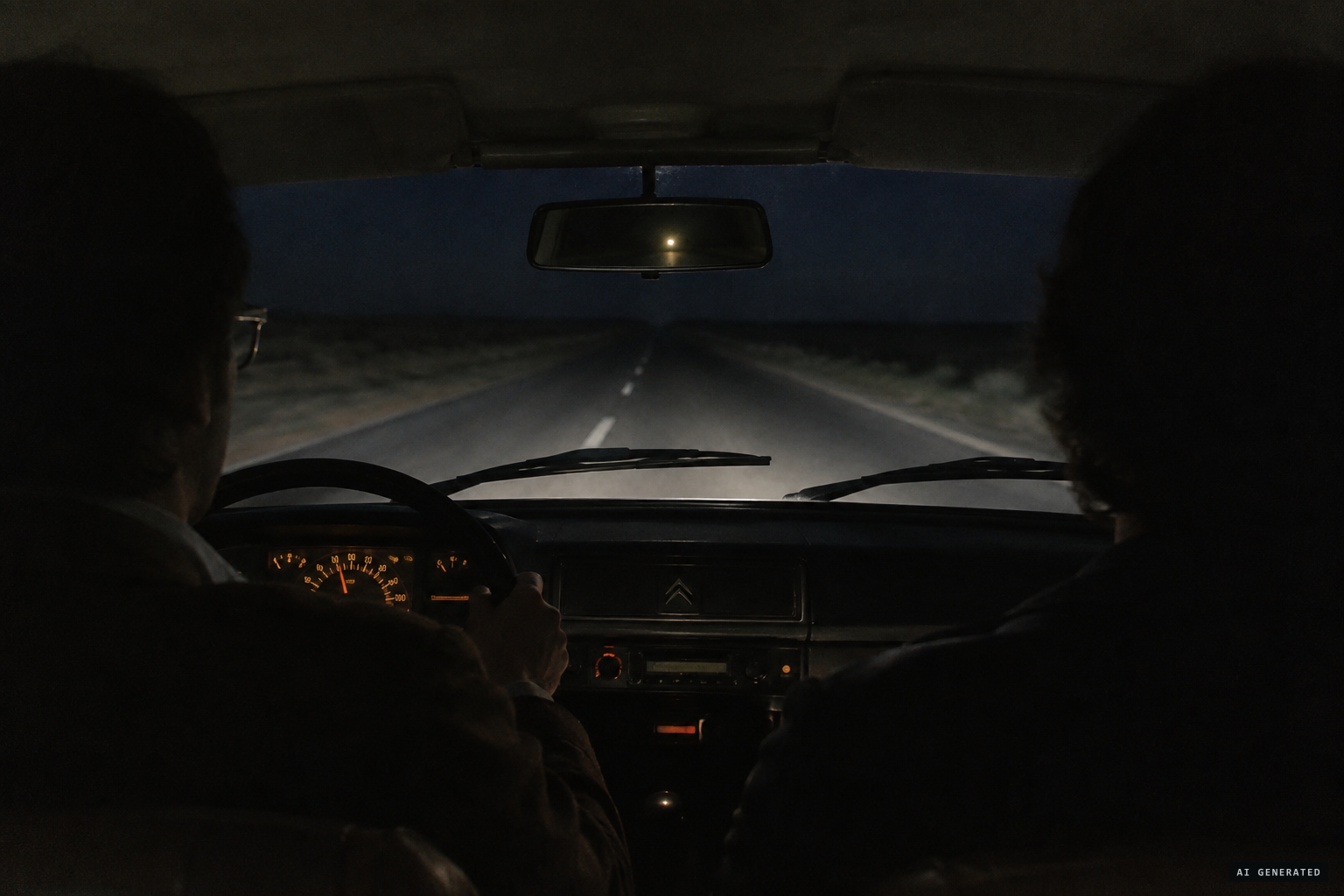 A point of light appears in the mirror, mistaken for a faster rally car