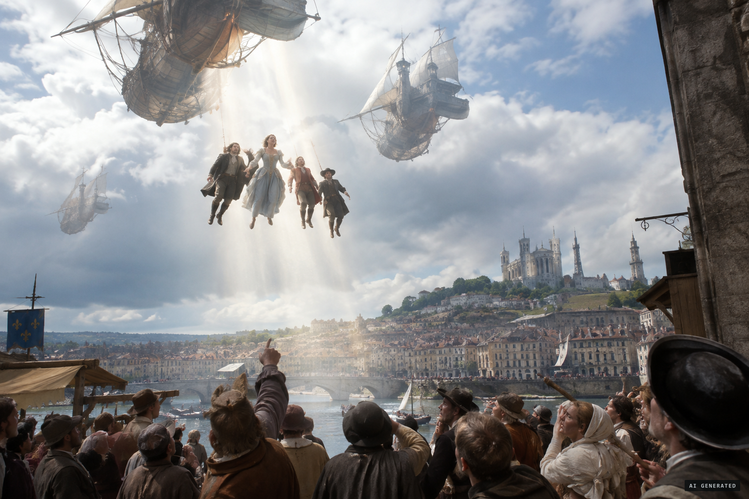 Le Comte de Gabalis: the four seen descending from aerial ships at Lyon