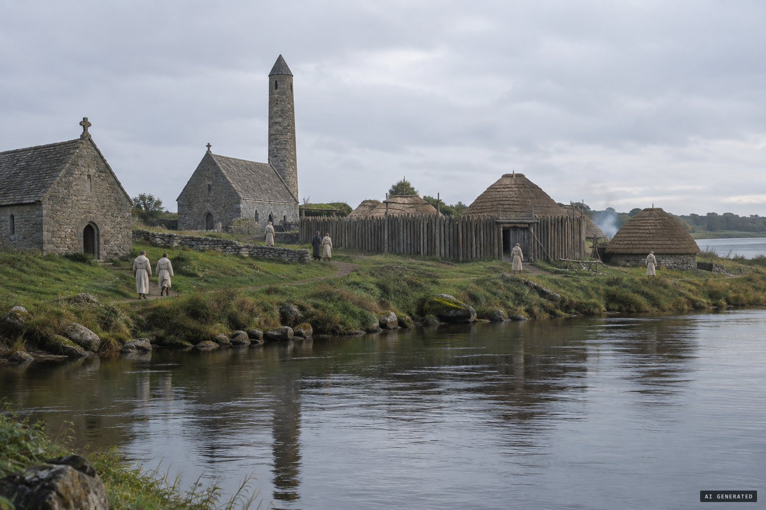 The monastery of Clonmacnoise on the Shannon, mid-eighth century