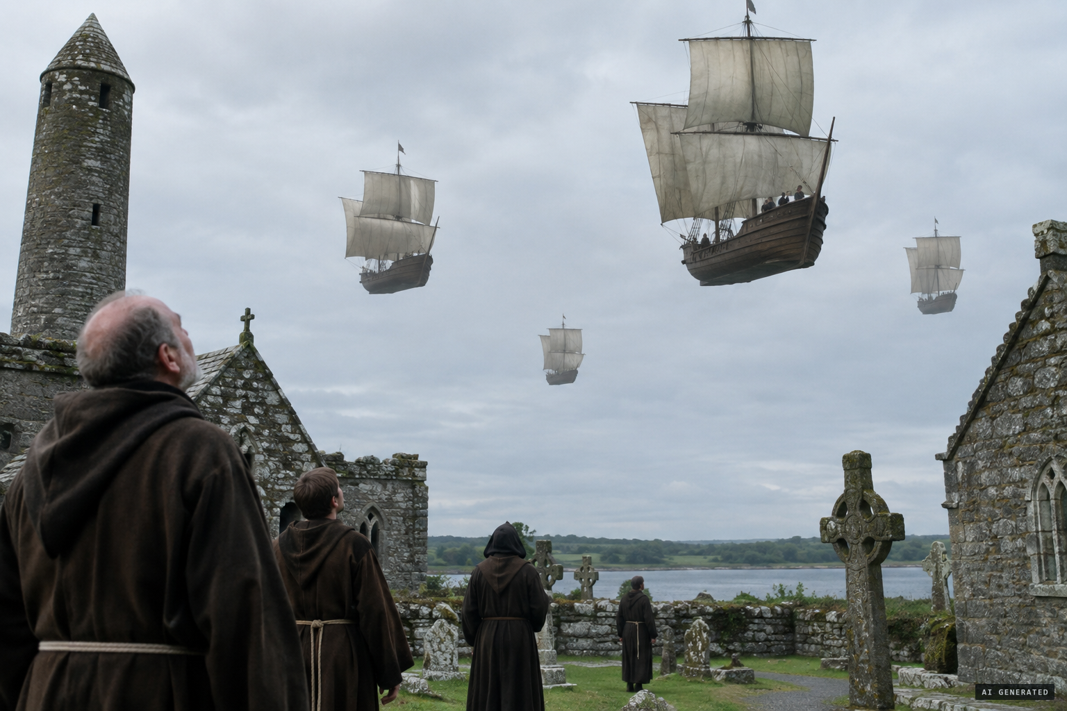 Ships with their crews seen in the air above Clonmacnoise