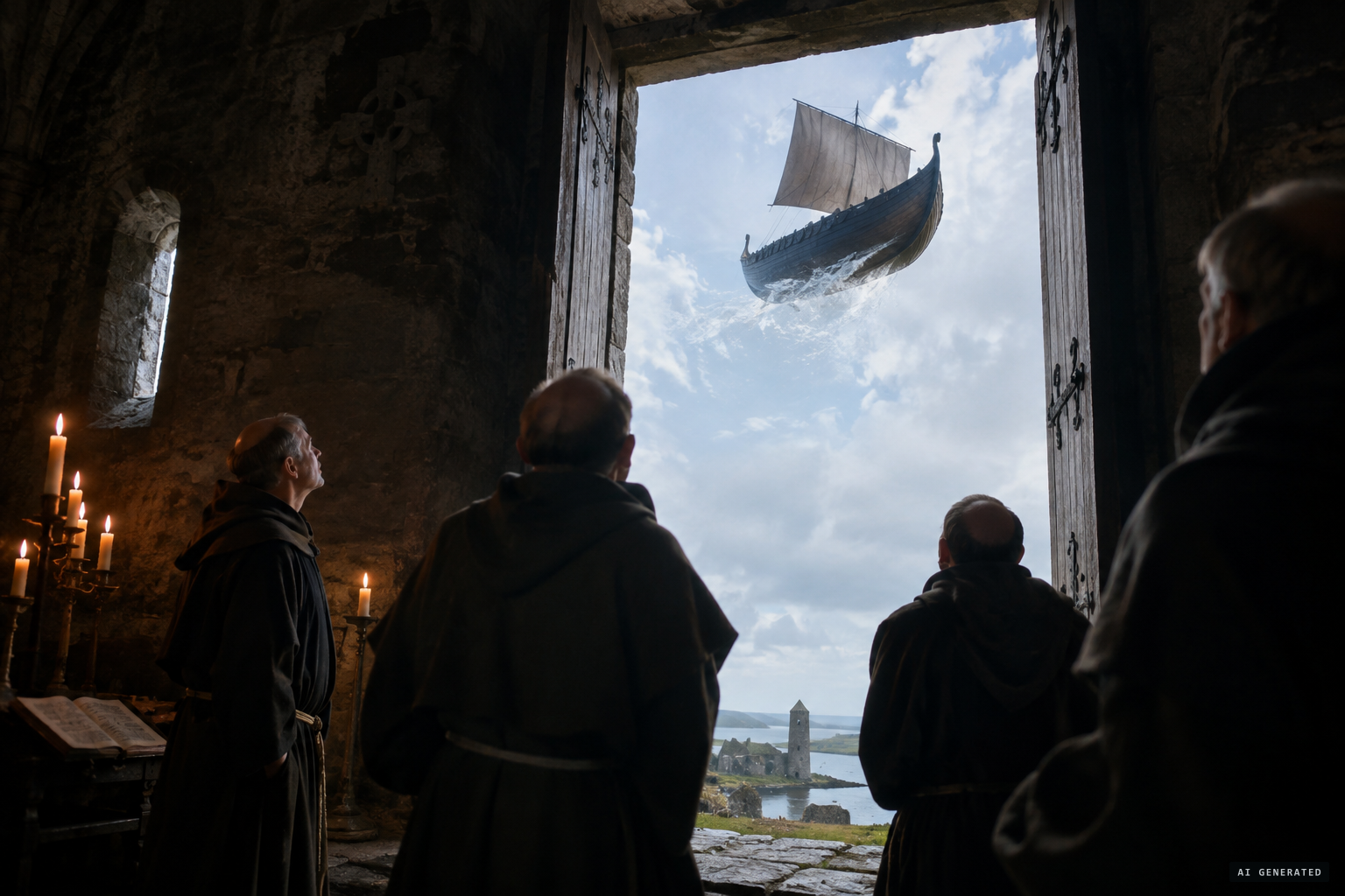 The monks see a ship sailing overhead as if on the sea