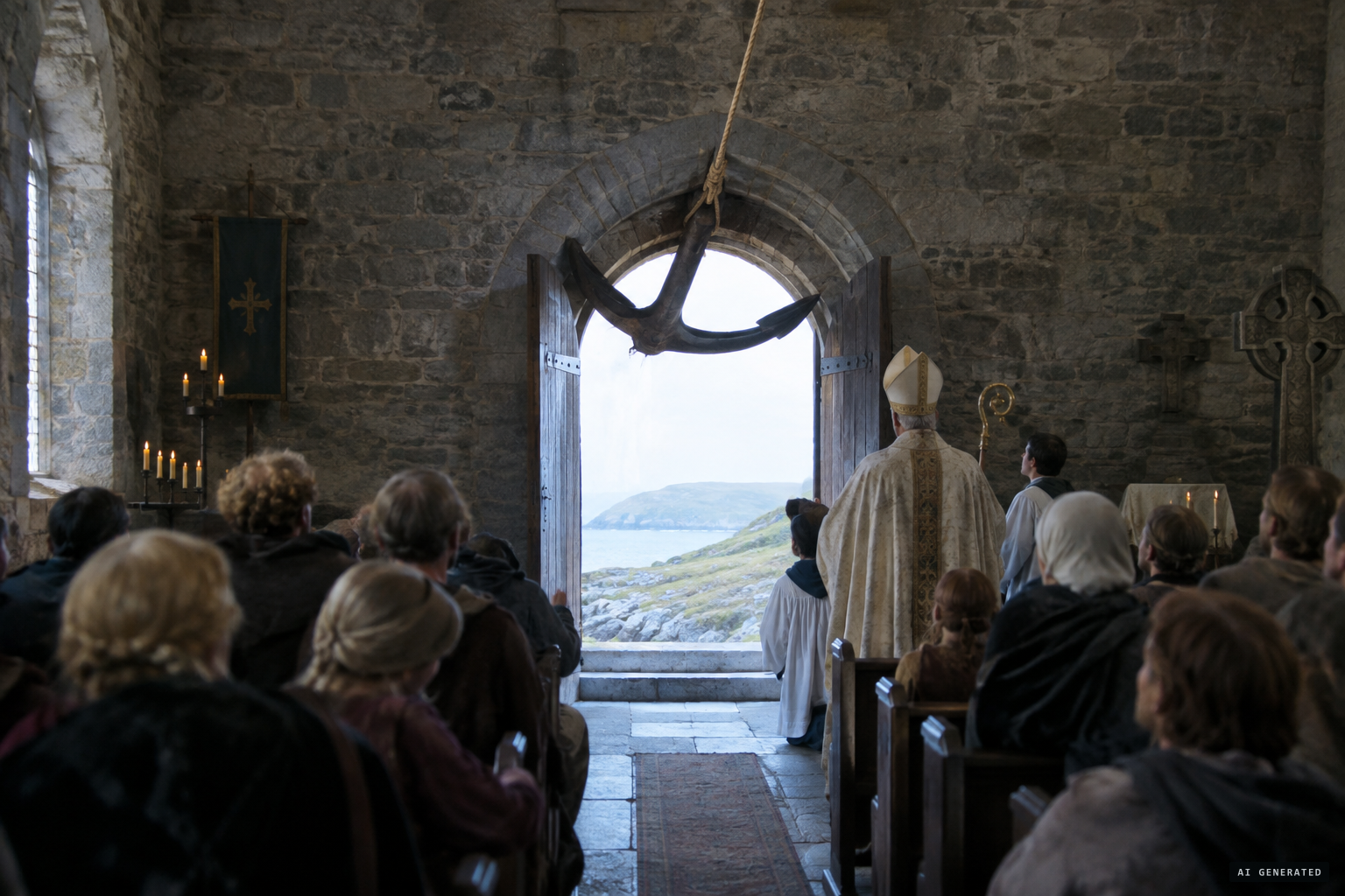 During Mass, the anchor's fluke catches in the church door arch