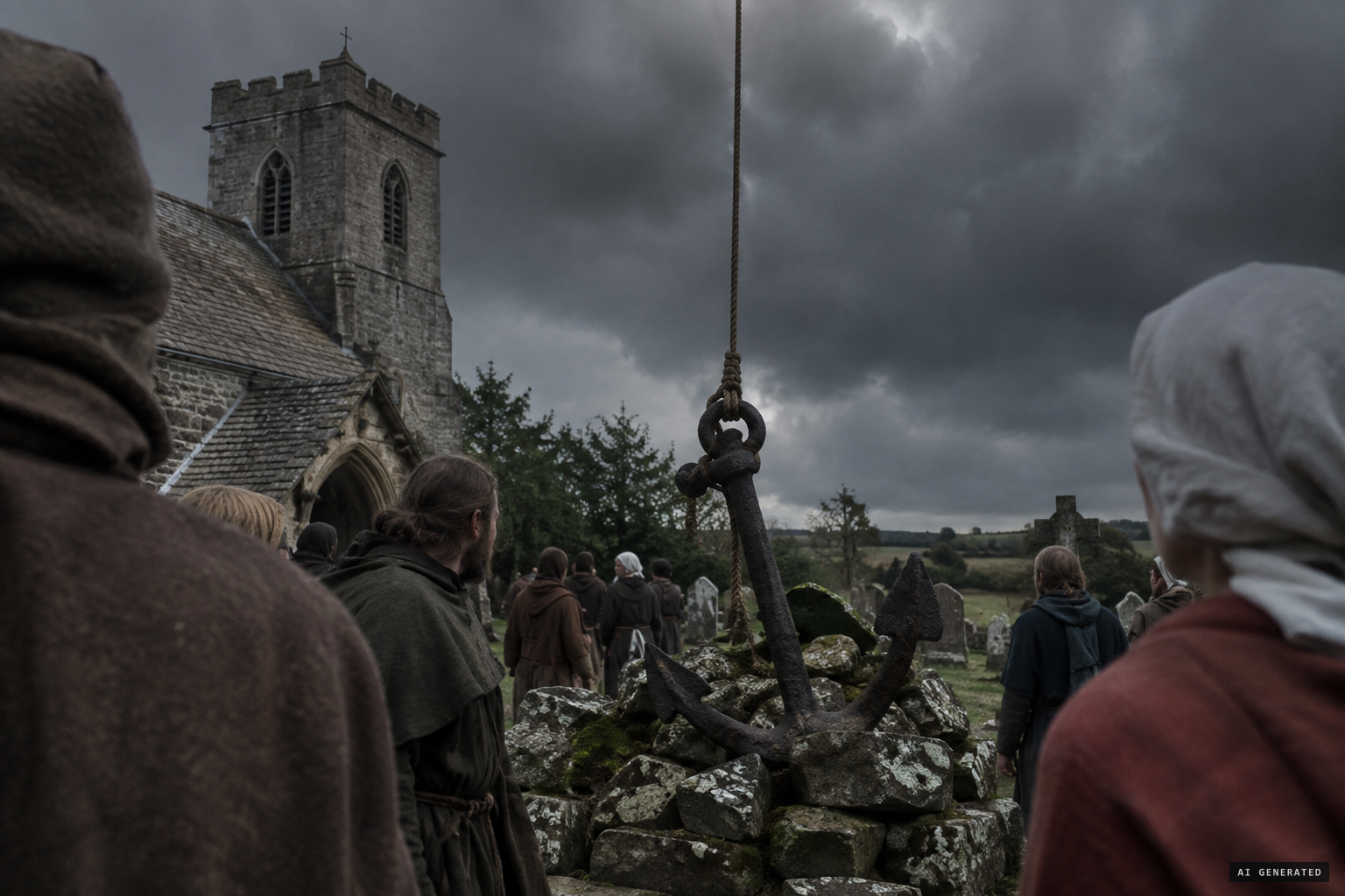 Gervase of Tilbury's tale: an anchor in a heap of stones, its rope rising into the clouds
