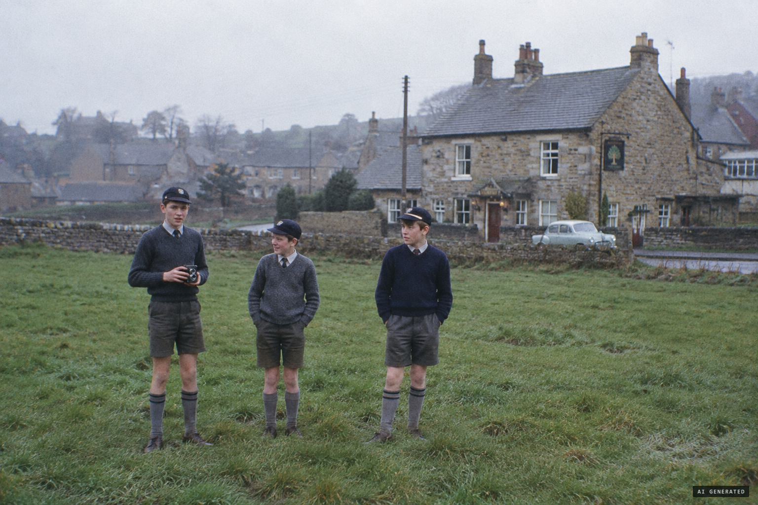 Alex Birch, David Brownlow and Stuart Dixon in a field near the British Oak pub, Mosborough, March 1962