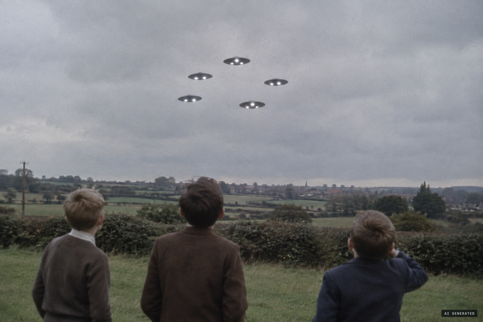 Five dark saucers hanging in the air, with dazzling white blobs emerging from them