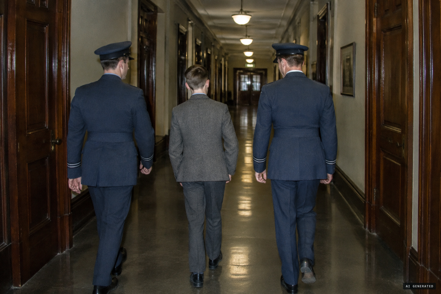 Birch is led through the Air Ministry's long corridors