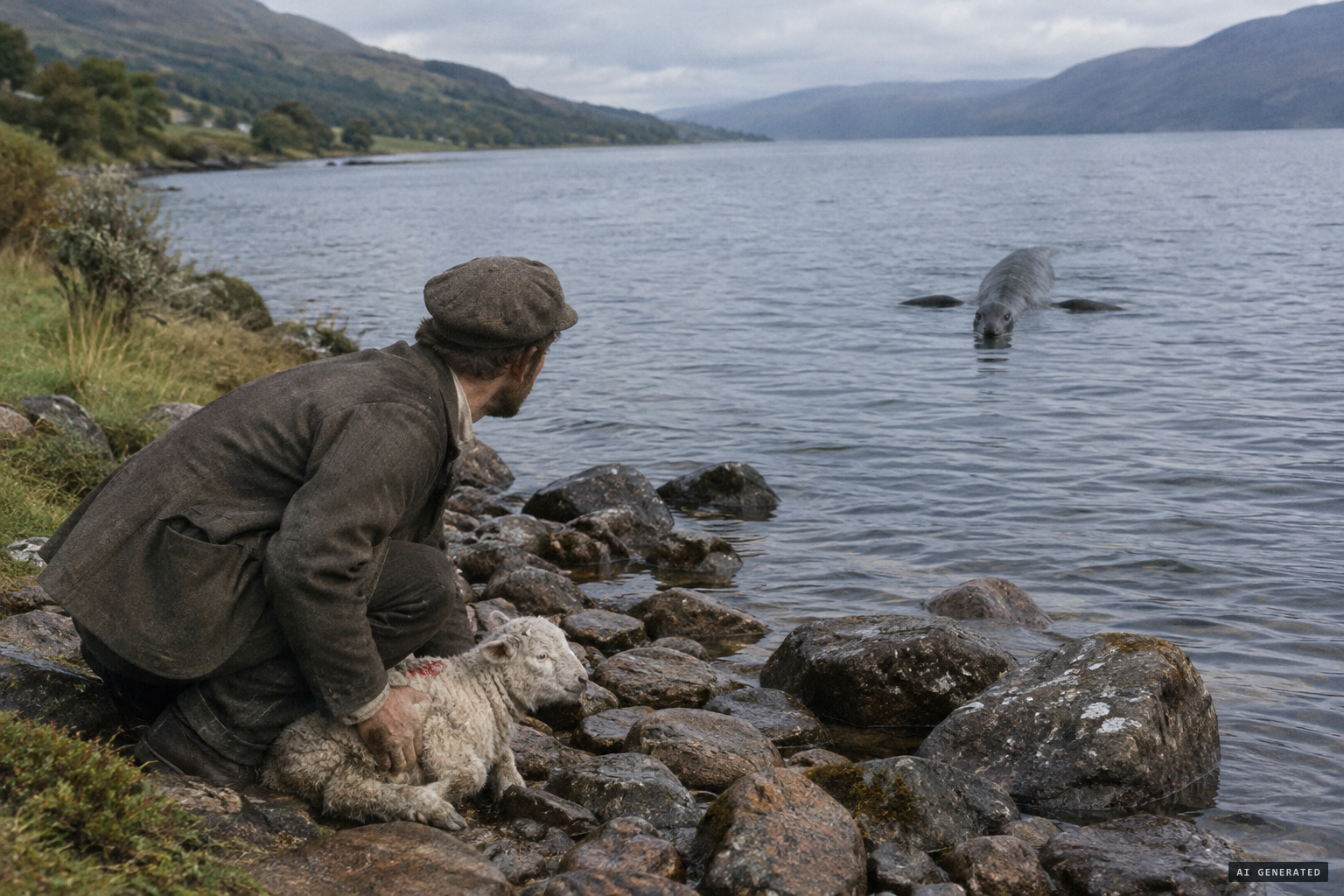 Rescuing a lamb, Macdonald sees the great salamander paddle toward him