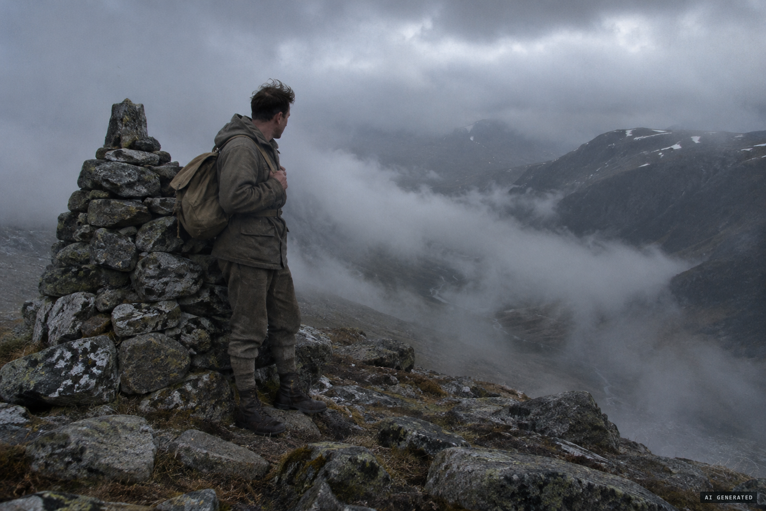 Tewnion reaches the summit cairn as mist envelops Ben Macdui, October 1943