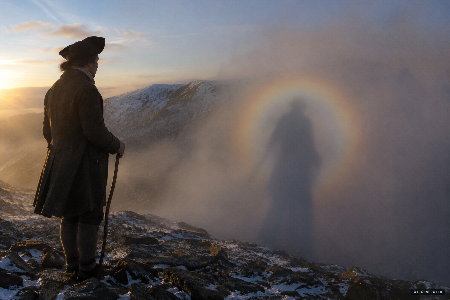 The Brocken spectre: a climber's own shadow cast huge on the mist