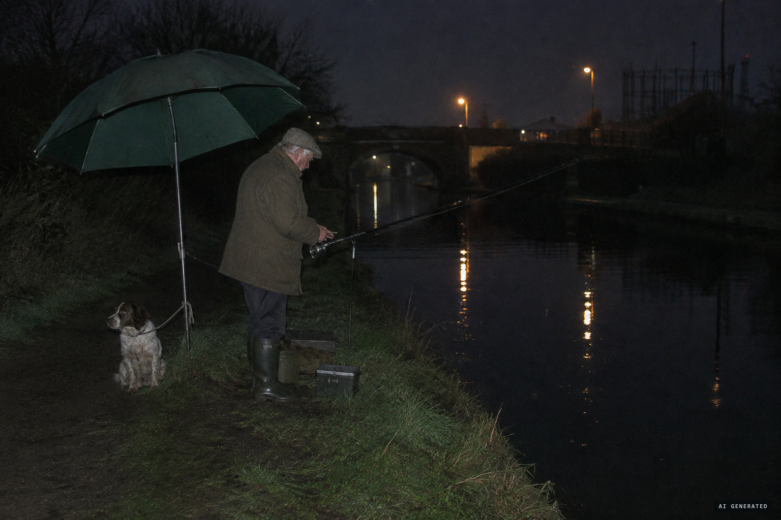 Alfred Burtoo, 77, sets up to fish the Basingstoke Canal with his dog Tiny