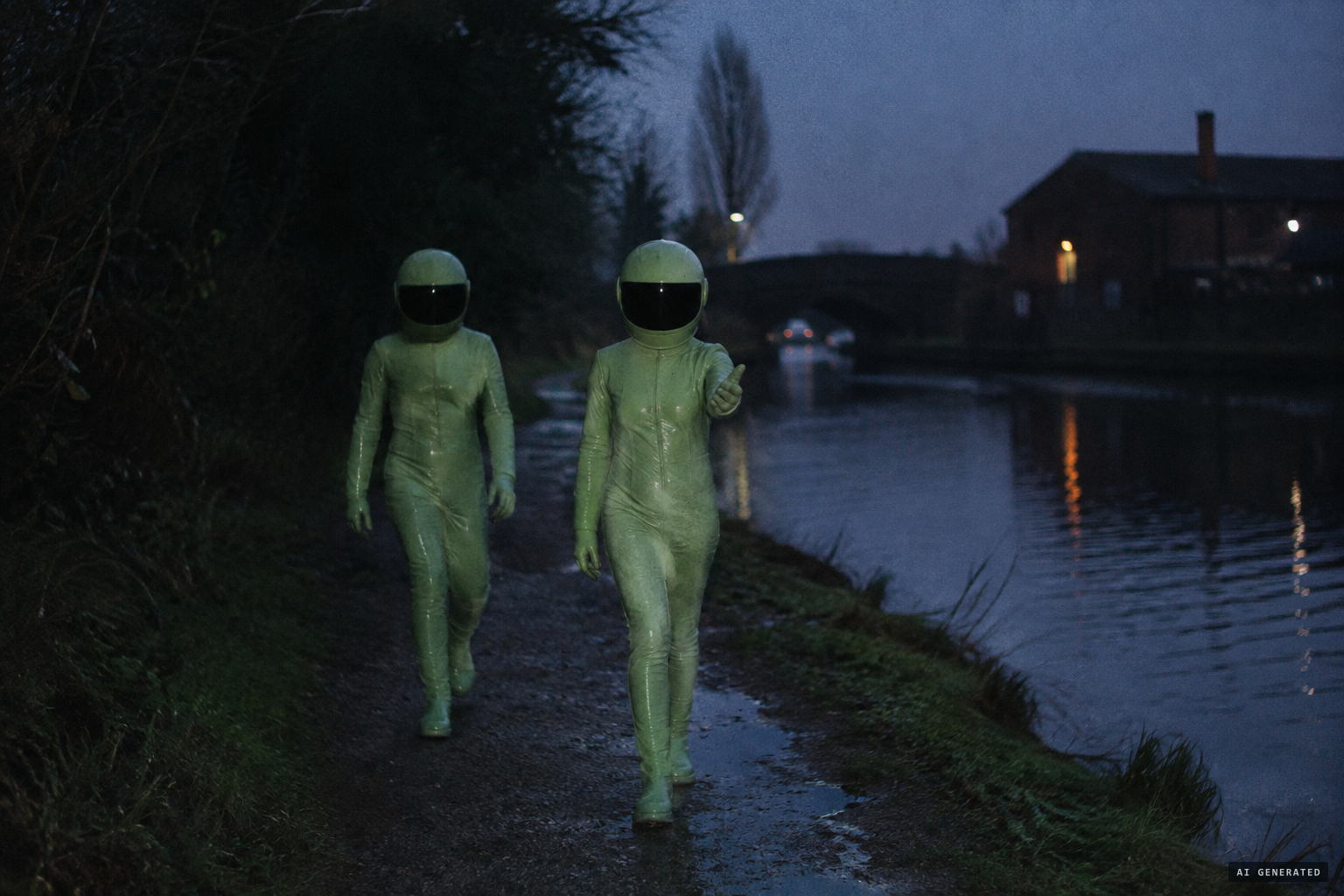 Two small figures in pale-green coveralls and blacked-out helmets motion him to follow