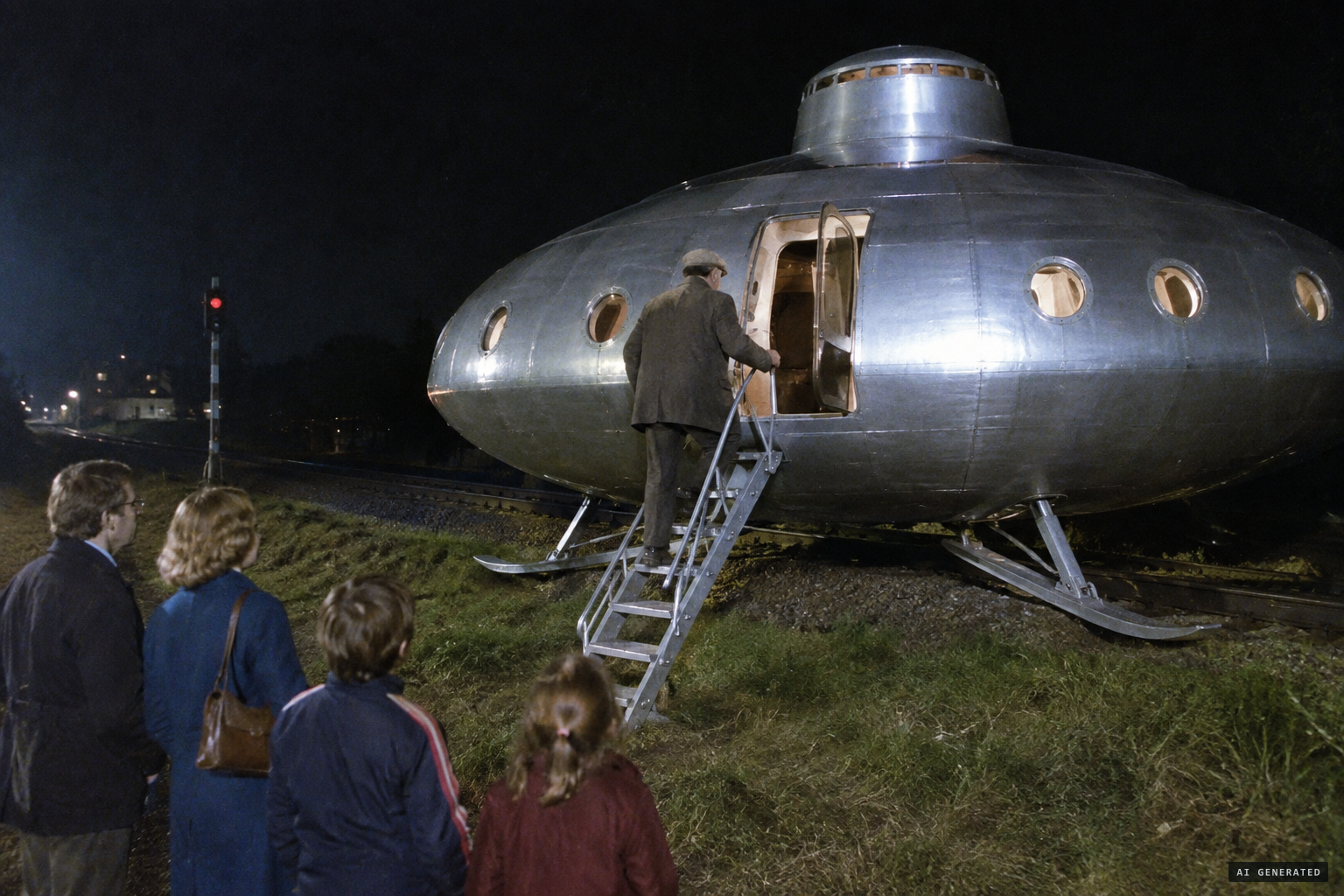 The burnished craft with portholes and dome; Burtoo climbs aboard