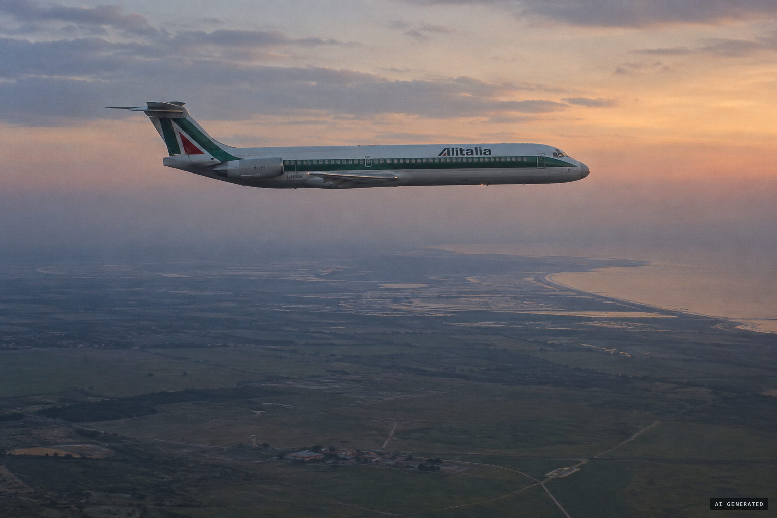 The Alitalia MD-80 crosses the English coast over Lydd and Romney Marsh, 21 April 1991
