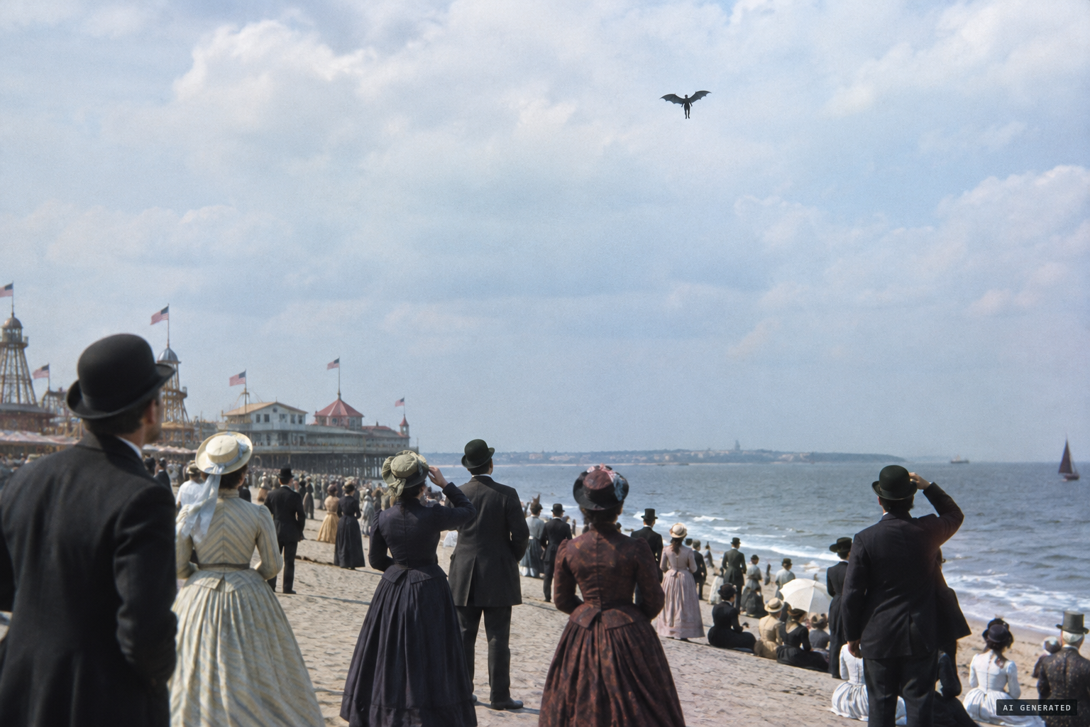 A black winged figure seen high over Coney Island, heading for New Jersey