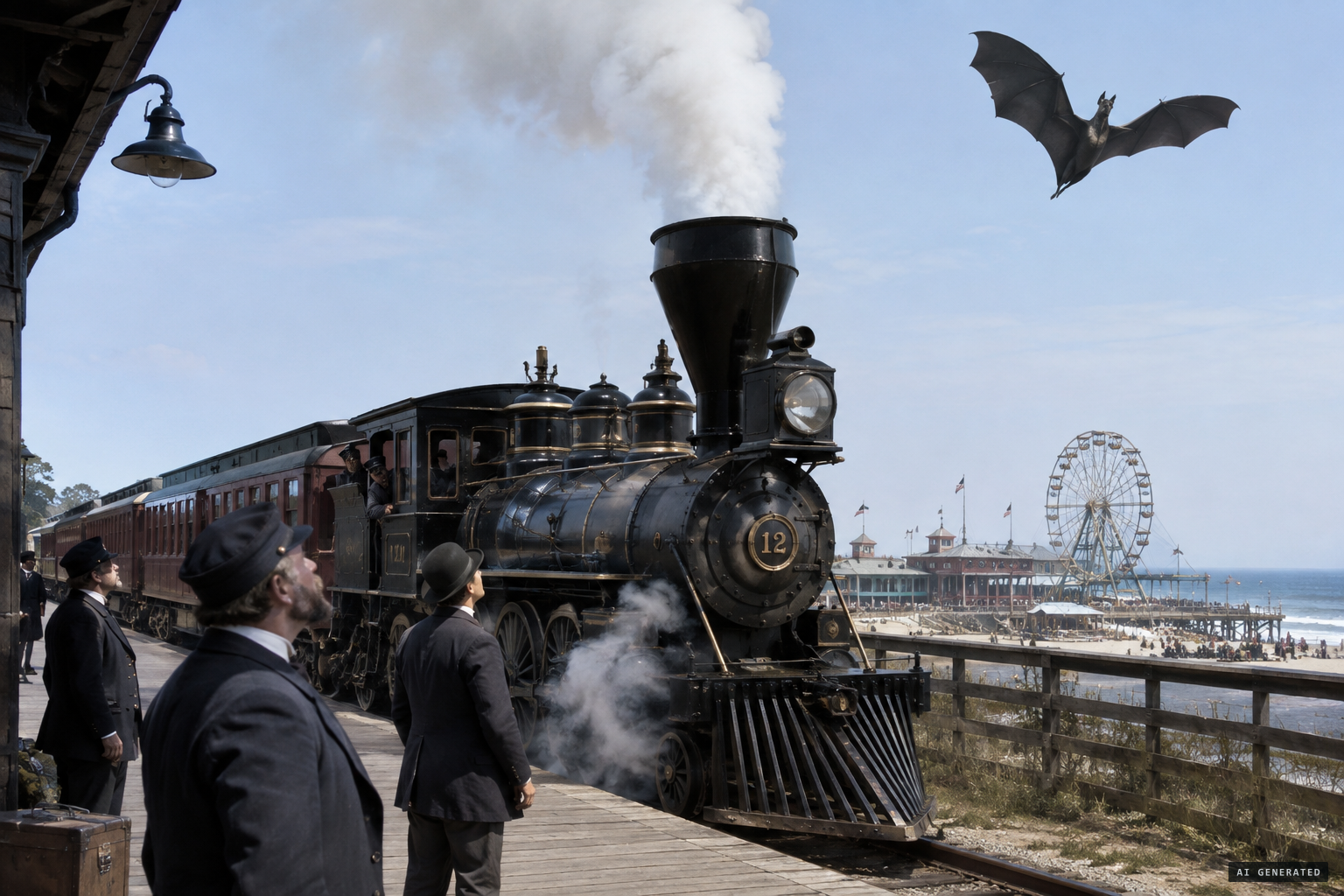 A locomotive whistles, and the flier waves its wings in answer